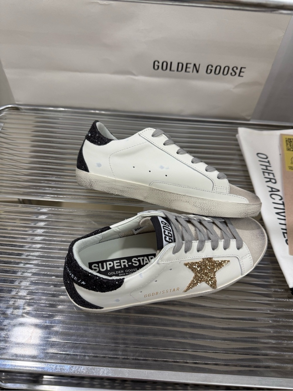 Golden Goose White Leather Sneakers with Gold Glitter Star and Black Heel